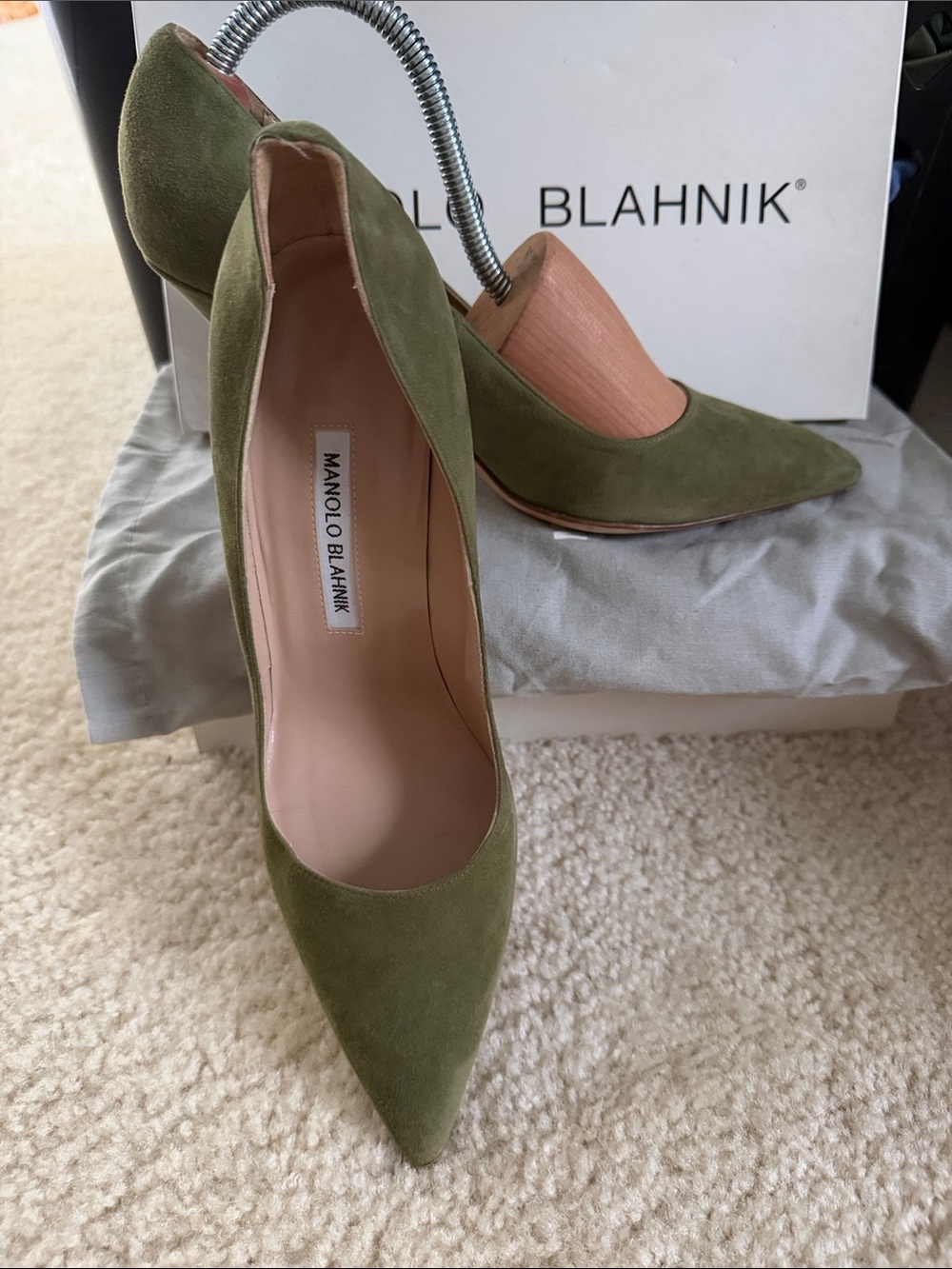Manolo Blahnik Olive Green Suede Pointed-Toe Pumps